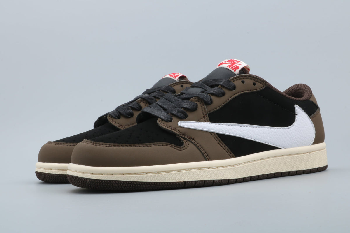Jordan 1 Low Black and Brown Sneakers with White Swoosh