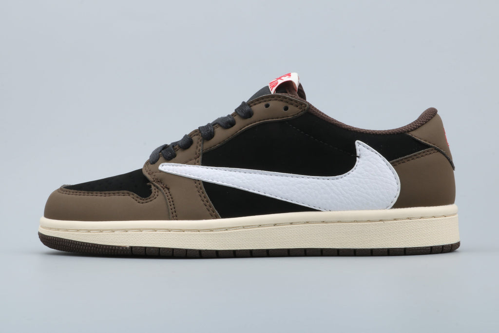 Jordan 1 Low Black and Brown Sneakers with White Swoosh
