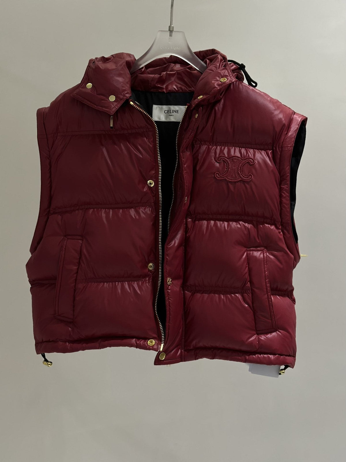 Celine Glossy Hooded Quilted Puffer Vest with Gold Buttons